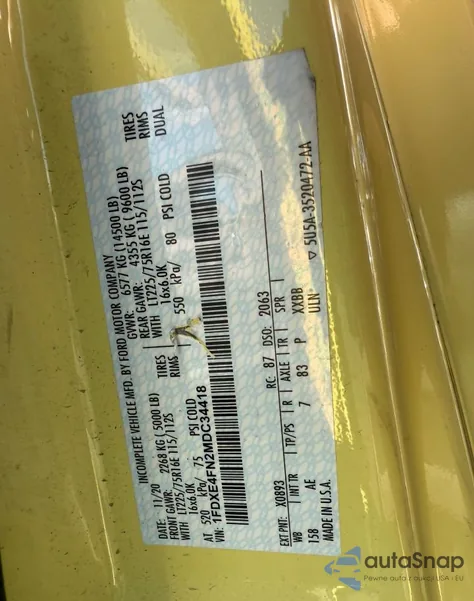 2021 Ford Econoline E450 Super Duty Cutaway Van z USA, uszkodzony, nr VIN 1FDXE4FN2MDC34418